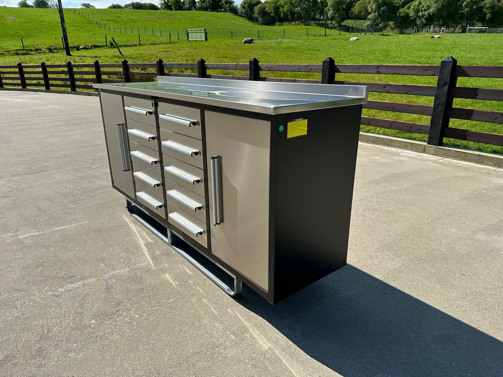 New Stainless Steel 7ft Workbench with 10 Drawers & 2 Cabinets
