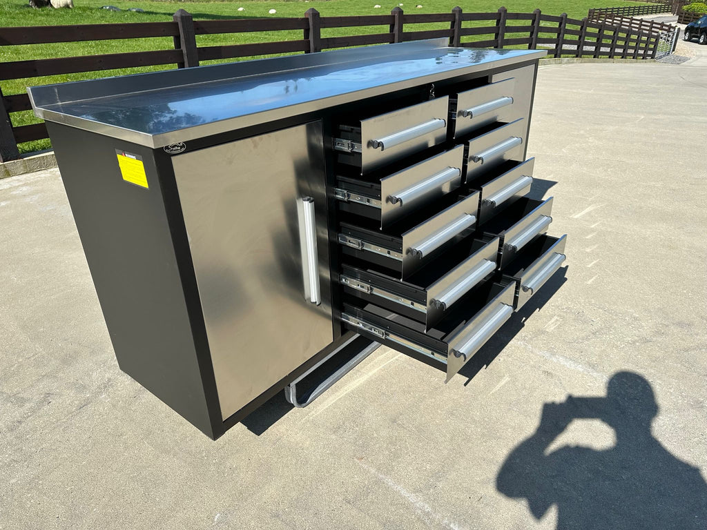 New Stainless Steel 7ft Workbench with 10 Drawers & 2 Cabinets