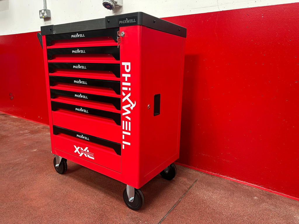New Phixwell Workbench, 7 Drawers & 1 Cabinet complete with 6 Trays of Tools (RED)