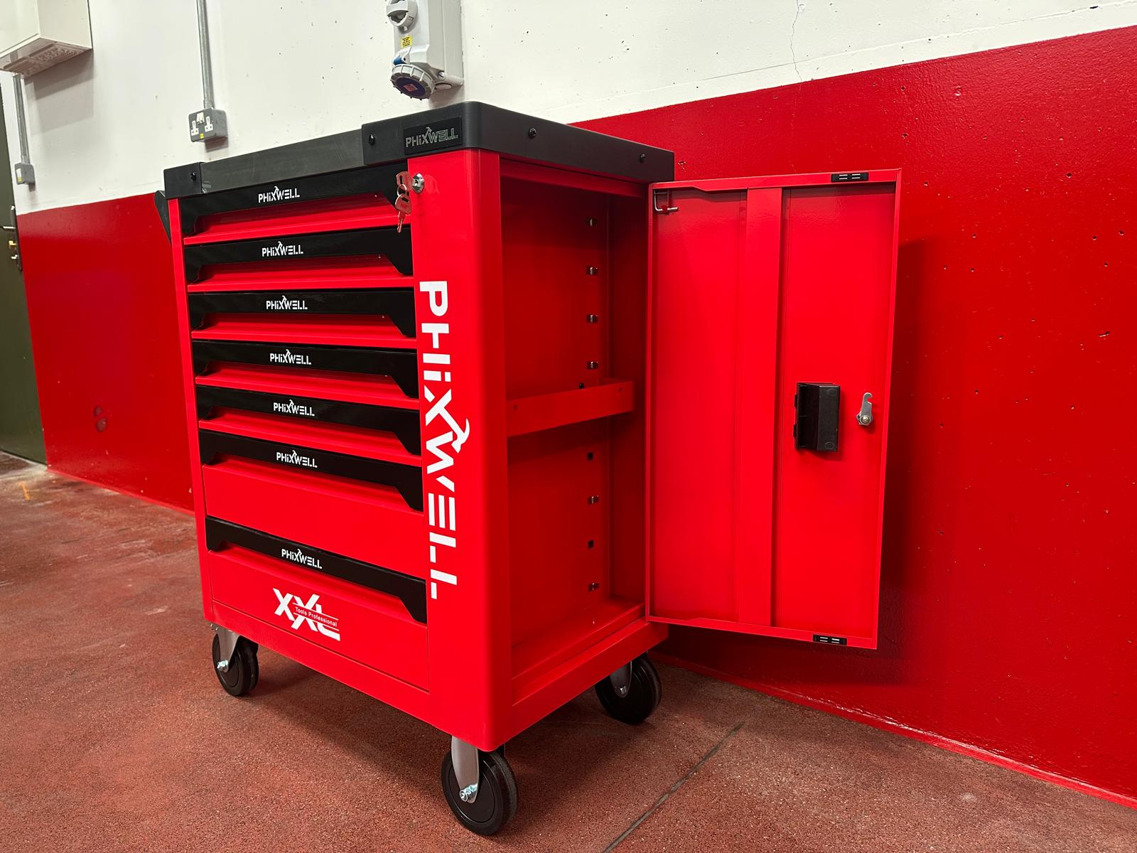 New Phixwell Workbench, 7 Drawers & 1 Cabinet complete with 6 Trays of Tools (RED)