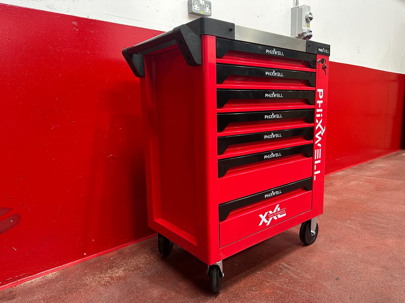 New Phixwell Workbench, 7 Drawers & 1 Cabinet complete with 6 Trays of Tools (RED)
