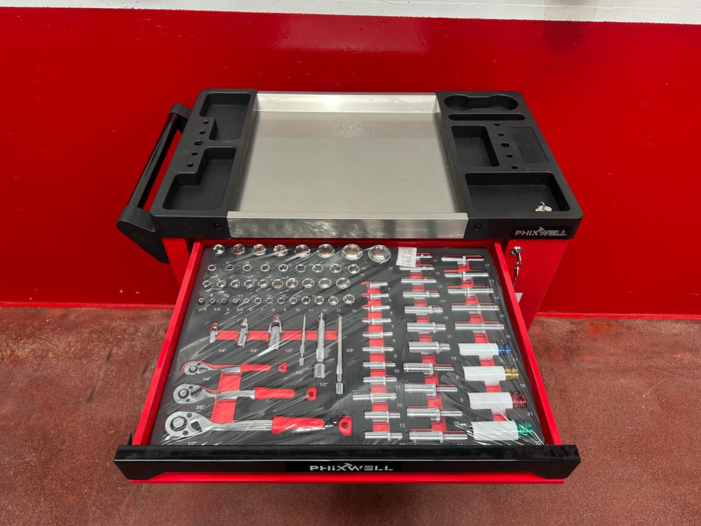 New Phixwell Workbench, 7 Drawers & 1 Cabinet complete with 6 Trays of Tools (RED)