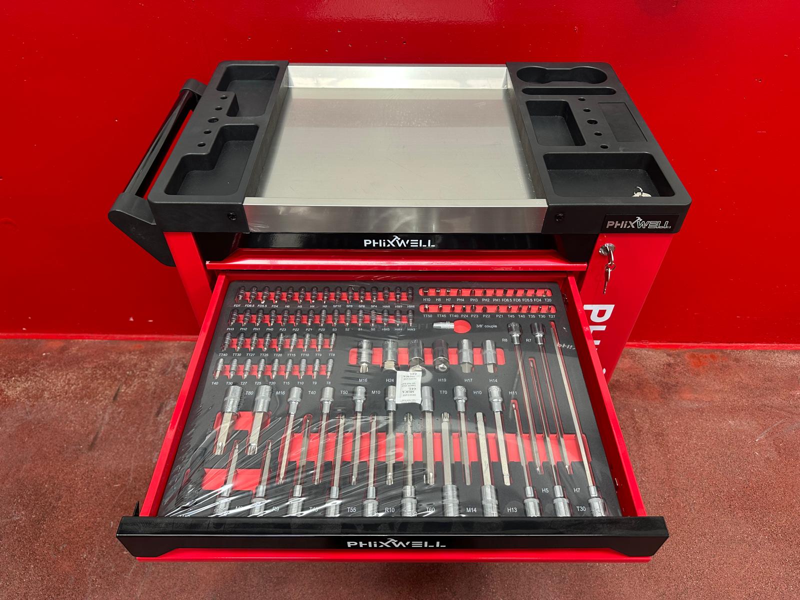 New Phixwell Workbench, 7 Drawers & 1 Cabinet complete with 6 Trays of Tools (RED)