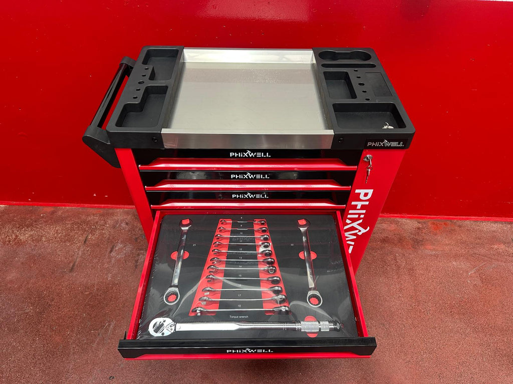 New Phixwell Workbench, 7 Drawers & 1 Cabinet complete with 6 Trays of Tools (RED)