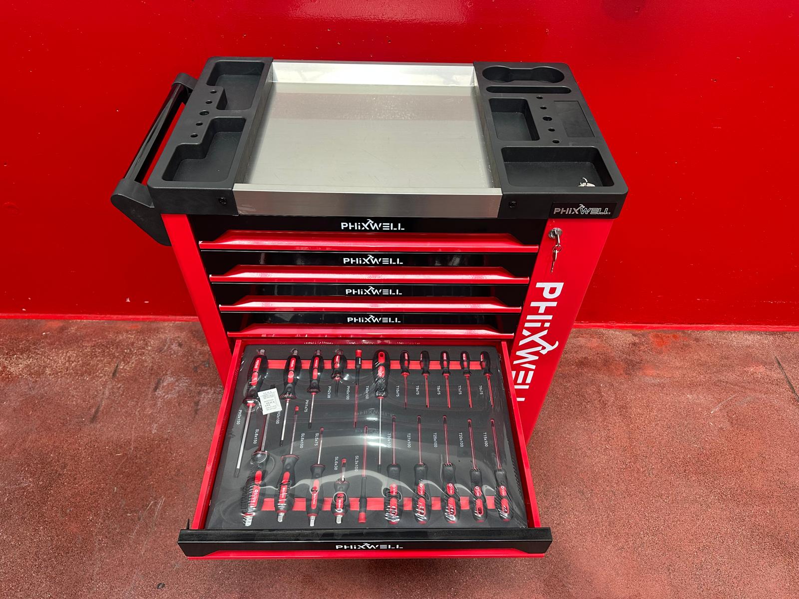 New Phixwell Workbench, 7 Drawers & 1 Cabinet complete with 6 Trays of Tools (RED)