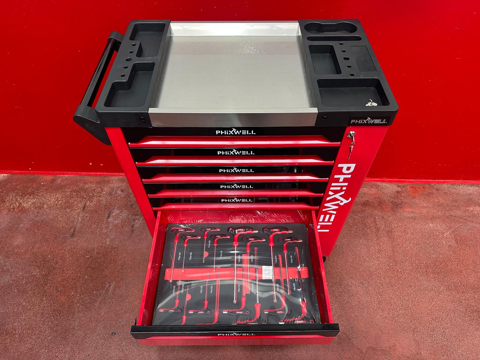 New Phixwell Workbench, 7 Drawers & 1 Cabinet complete with 6 Trays of Tools (RED)