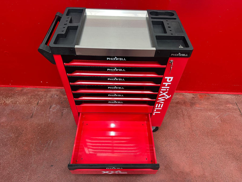 New Phixwell Workbench, 7 Drawers & 1 Cabinet complete with 6 Trays of Tools (RED)