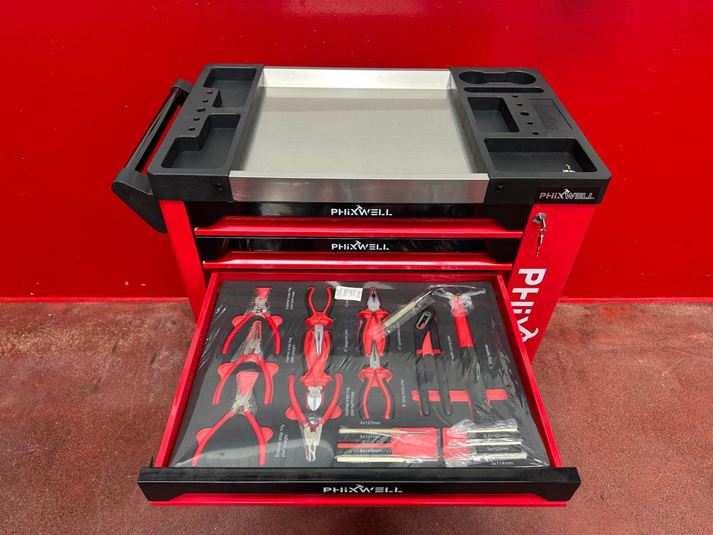 New Phixwell Workbench, 7 Drawers & 1 Cabinet complete with 6 Trays of Tools (RED)