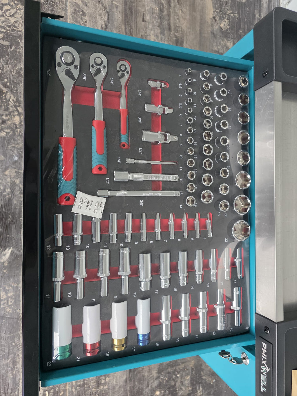 New Phixwell Workbench, 7 Drawers & 1 Cabinet complete with 6 Trays of Tools (TEAL)