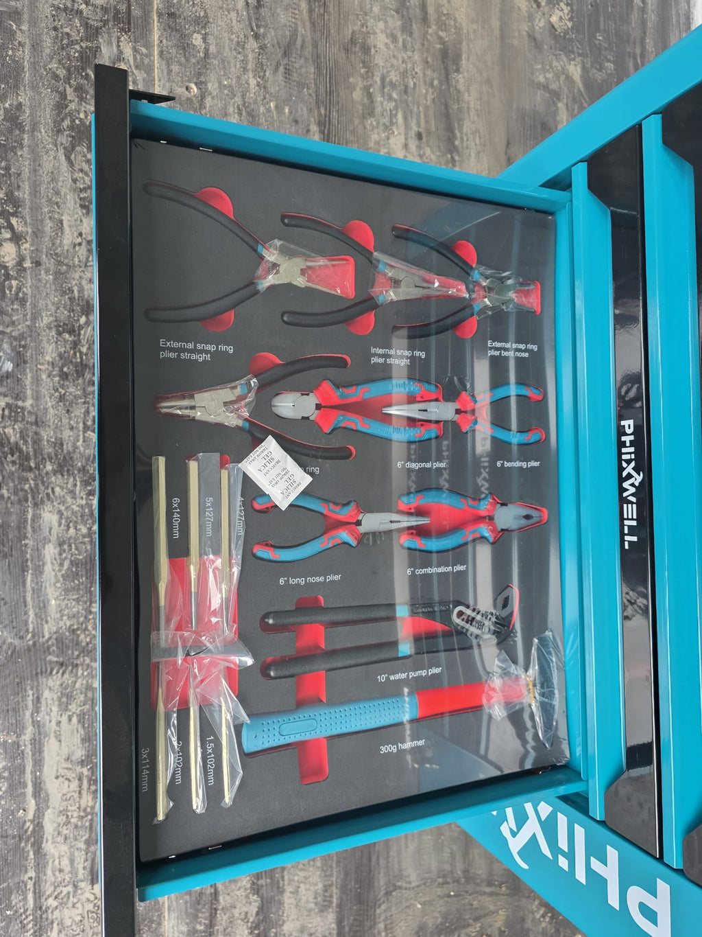 New Phixwell Workbench, 7 Drawers & 1 Cabinet complete with 6 Trays of Tools (TEAL)
