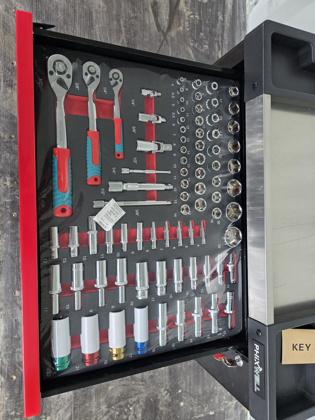 New Phixwell Workbench, 7 Drawers & 1 Cabinet complete with 6 Trays of Tools (RED & BLACK)