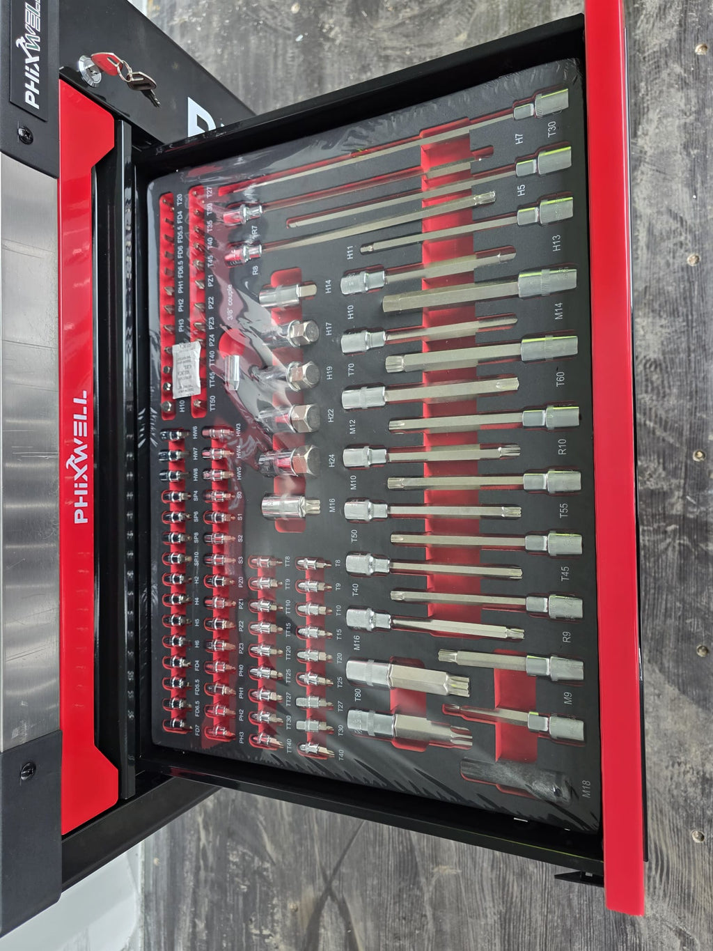 New Phixwell Workbench, 7 Drawers & 1 Cabinet complete with 6 Trays of Tools (RED & BLACK)
