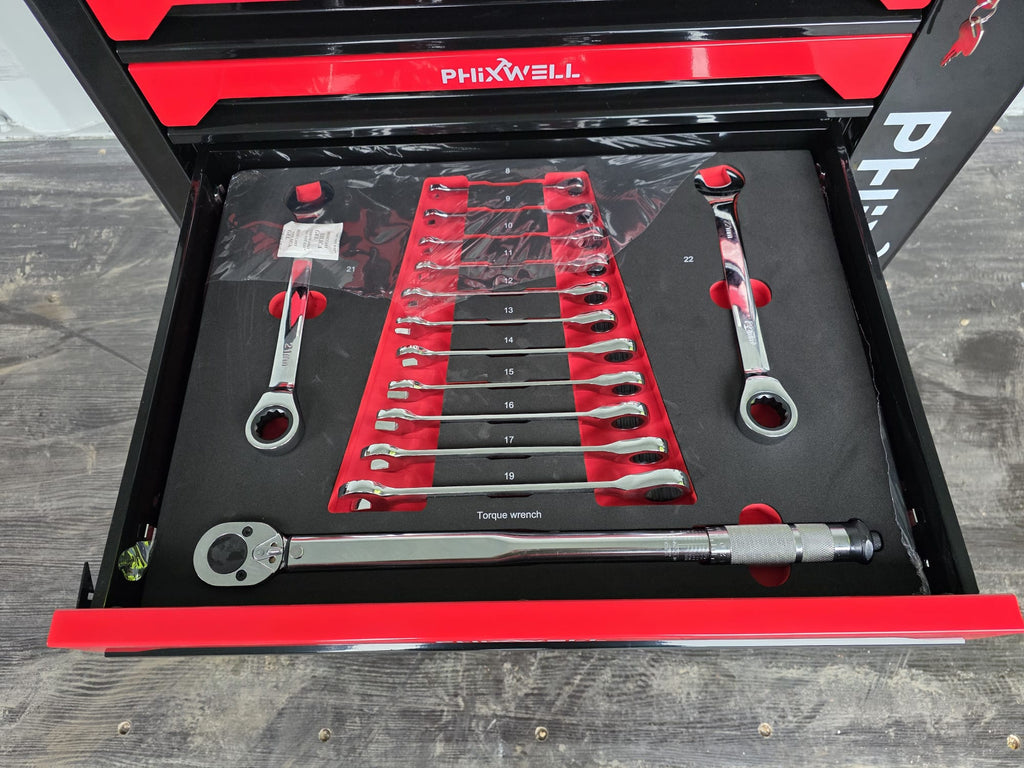 New Phixwell Workbench, 7 Drawers & 1 Cabinet complete with 6 Trays of Tools (RED & BLACK)