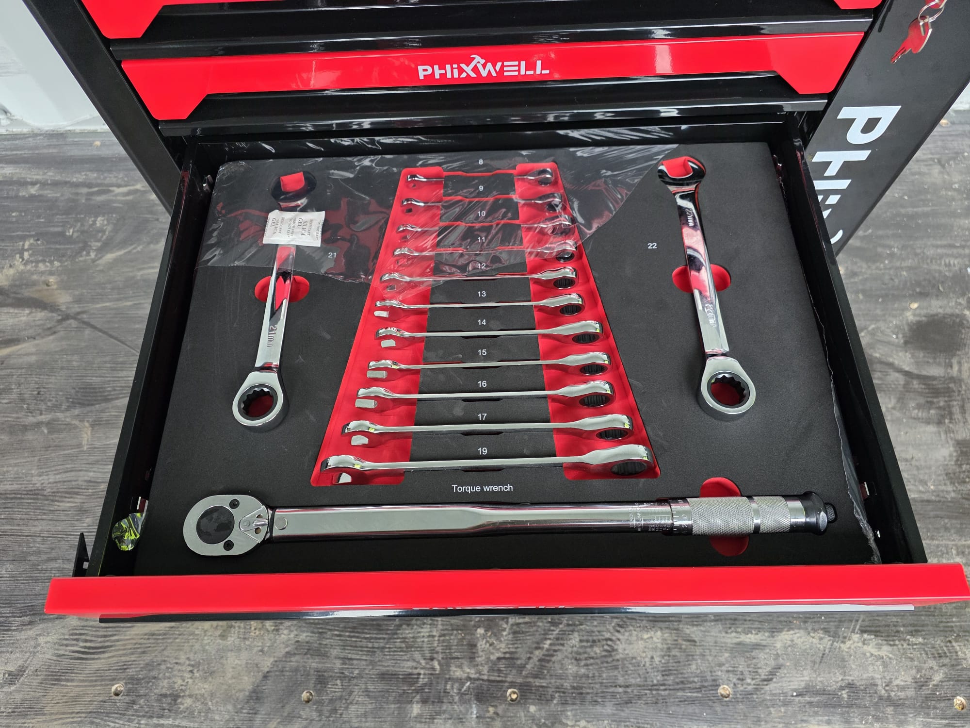 New Phixwell Workbench, 7 Drawers & 1 Cabinet complete with 6 Trays of Tools (RED & BLACK)
