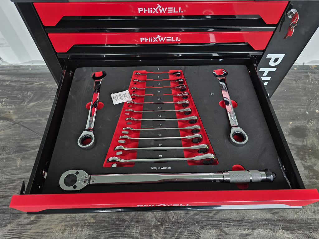 New Phixwell Workbench, 7 Drawers & 1 Cabinet complete with 6 Trays of Tools (RED & BLACK)